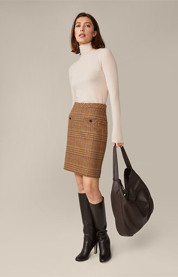 Wool Stretch Skirt in Brown checked