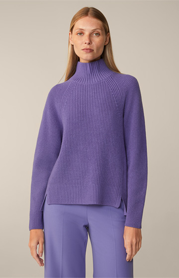 Virgin Wool Ribbed Knit Roll Neck Pullover in Purple