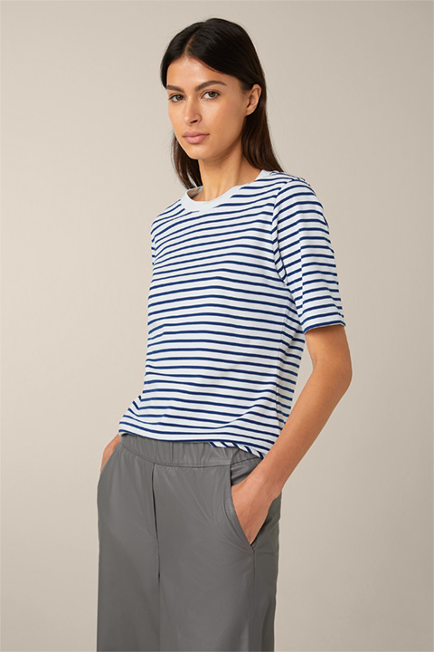 Cotton Interlock T-shirt in White and Blue Stripes