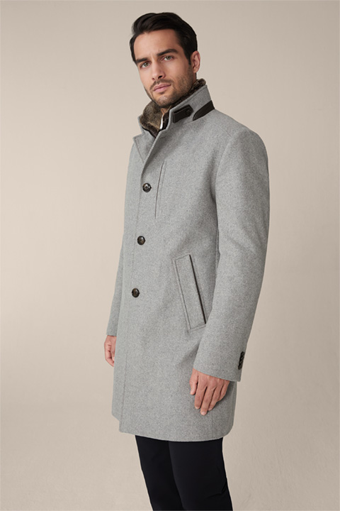 Manteau à col relevé Rivano à teneur en cachemire, avec col en fourrure d’agneau, en gris clair chiné