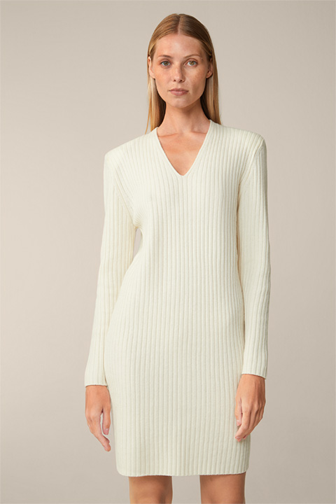 Virgin Wool Cashmere Mix Ribbed Knitted Dress in Ecru