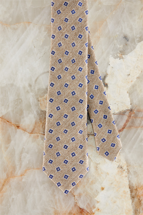 Silk Tie with Linen in a Beige and Blue Pattern