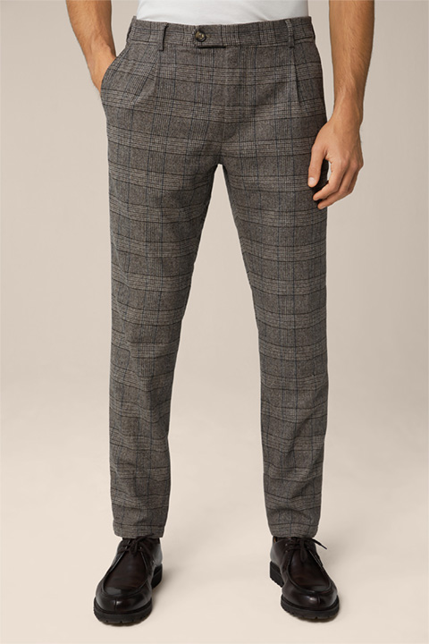 Floro Wool Mix Modular Trousers with front pleats in a Grey and Brown Pattern