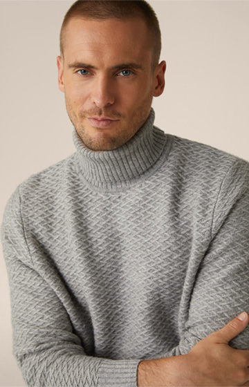 Textured Virgin Wool Roll Neck Amilo Pullover with Cashmere in Grey