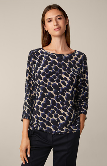 Viscose and Silk Mix Blouse in a Beige and Navy Pattern