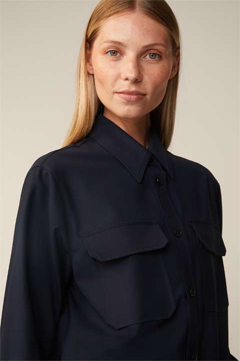 Virgin Wool Stretch Shirt-style Blouse in Navy