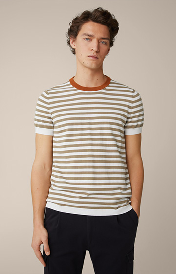 Doriano Cotton Knitted Pullover in Taupe and White Stripes