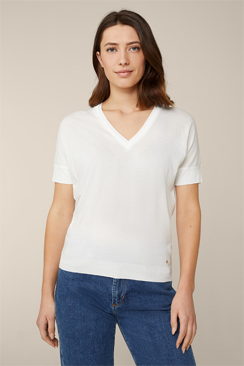 Tencel-Baumwoll-T-Shirt mit V-Ausschnitt in Weiß