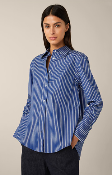 Poplin Cotton Stripe Shirt Blouse in Blue and White Stripes