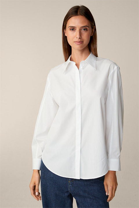 Popeline-Baumwoll-Hemd-Long-Bluse in Weiß