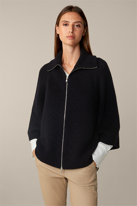 Cardigan zippé en tricot de laine mérinos, en bleu marine