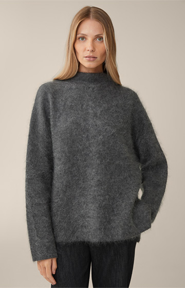 Mohair/Wool Mix Pullover with Stand-up Collar in Mottled Grey