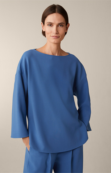 Wool Crêpe Long Blouse with Side Slit in Blue