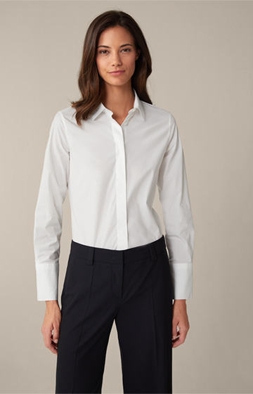 Cotton Stretch Blouse with Shirt Collar in White