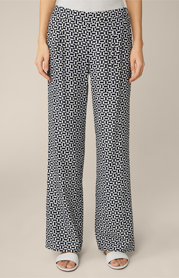 Printed Marlene Trousers with Silk in Patterned Navy and Ecru