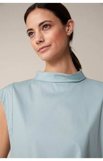 Cotton Stretch Blouse with Stand-up Collar in Light Blue