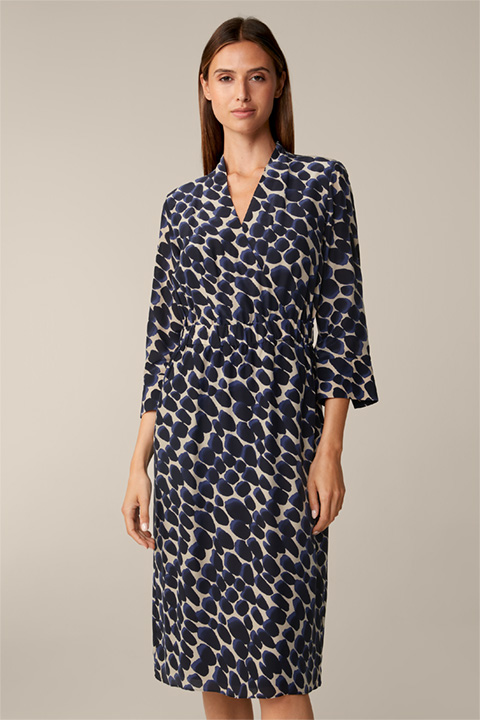 Viscose and Silk Mix Wrap-around Dress in a Beige and Navy Pattern