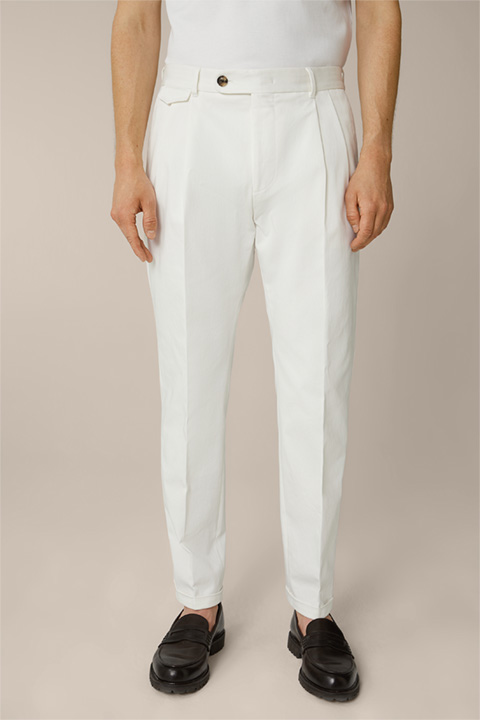 Serpo Cotton Blend Trousers with Pleat-front and Turn-up in Wool White