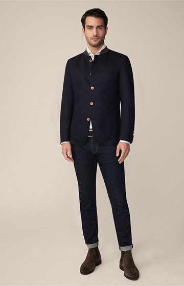 Jersey Traditional Giesing Cardigan-style Jacket in Navy with Brown