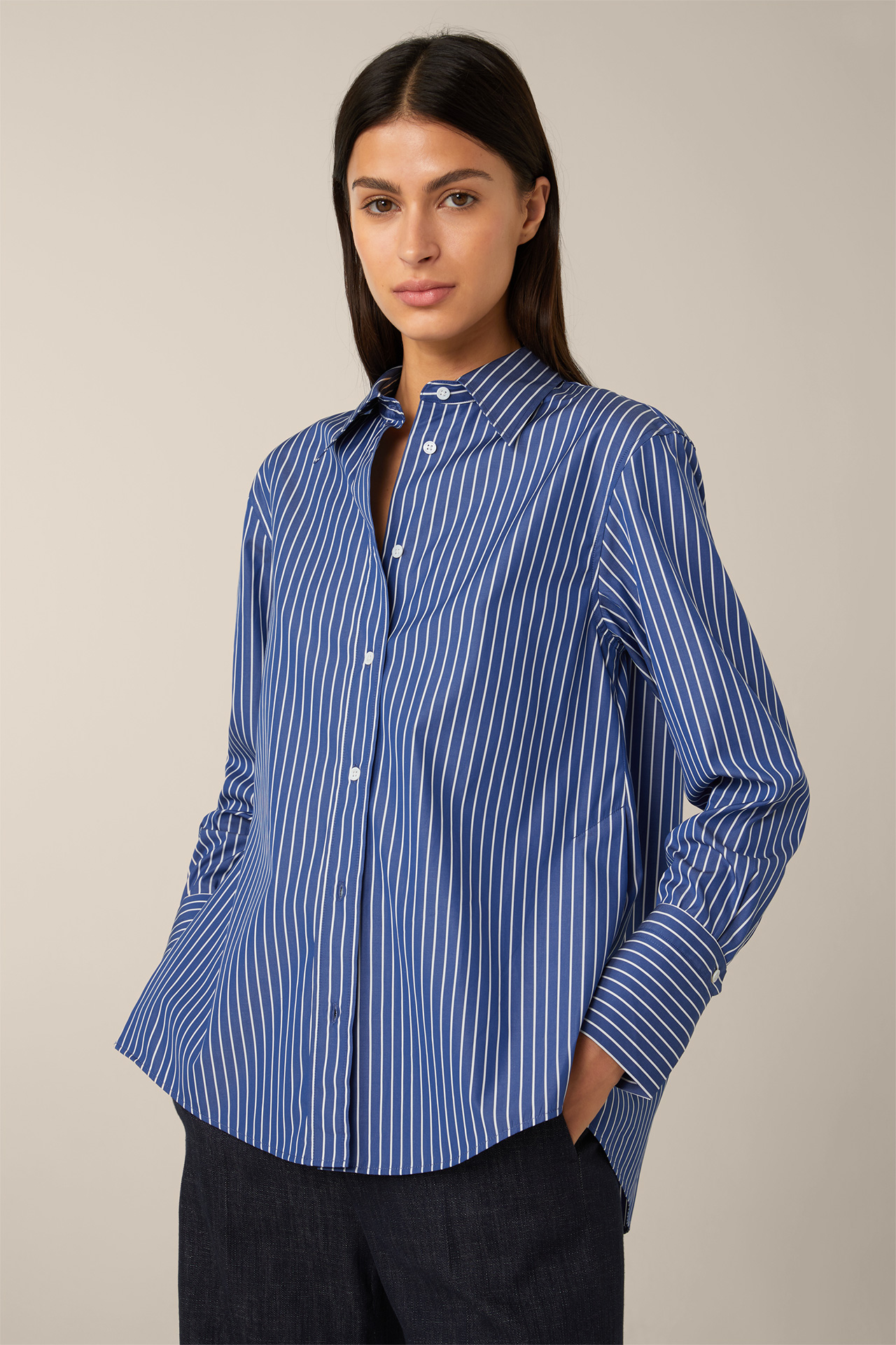 Popeline-Baumwoll-Streifen-Hemd-Bluse in Blau-Weiß windsor. gestreift im Online-Shop 