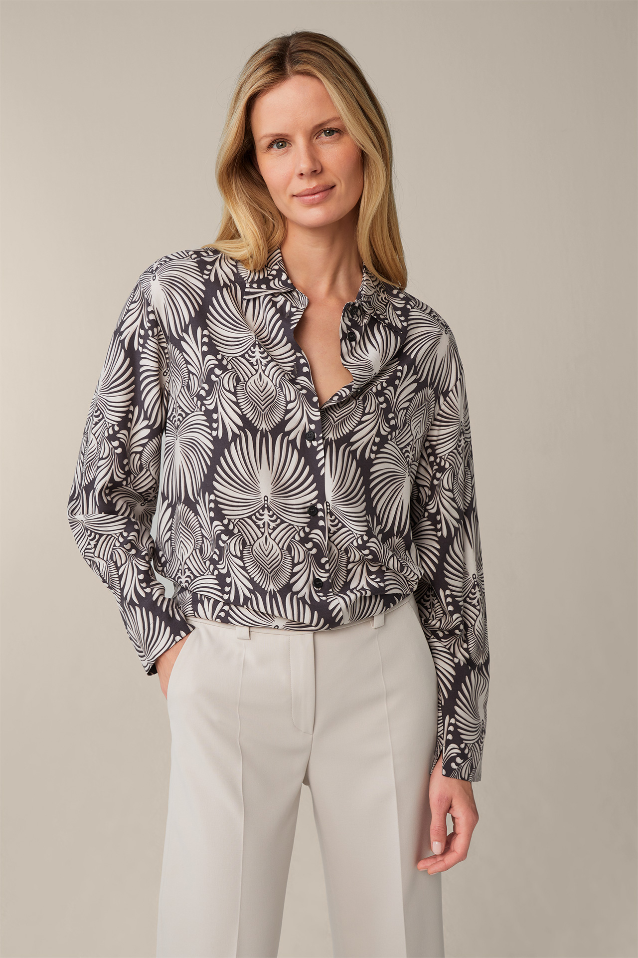 Ecru and Anthracite Patterned Viscose and Silk Print Shirt Blouse