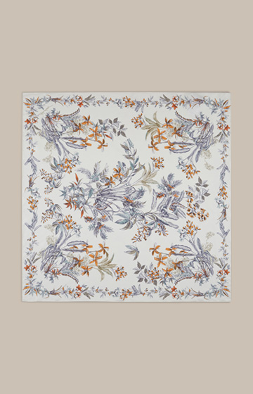 Printed Silk Scarf in an Ecru/Orange/Navy Pattern