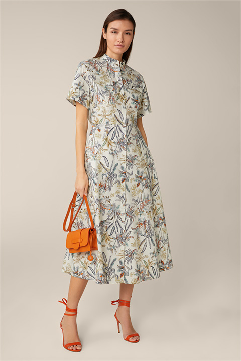 Print-Hemdblusen-Kleid aus Baumwolle in Ecru gemustert