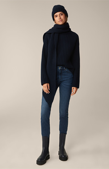 Navy Sweater with Stand-up Collar in a Virgin Wool and Cashmere Mix