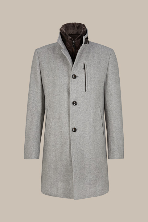 Manteau Rivano en laine mélangée avec col relevé doté d’une passementerie en fourrure d’agneau, en gris clair à chevrons