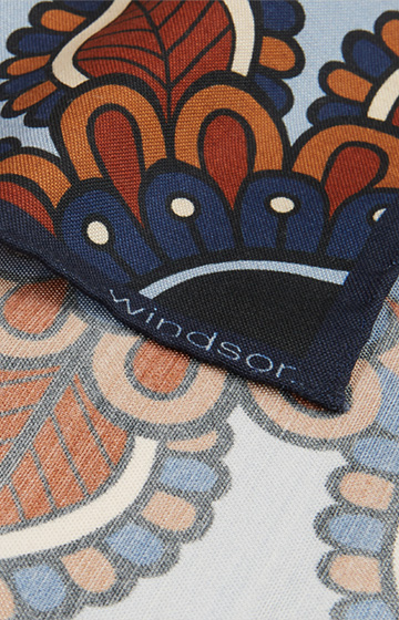 Breast Pocket Handkerchief with Silk in Navy, Brown and Light Blue Pattern