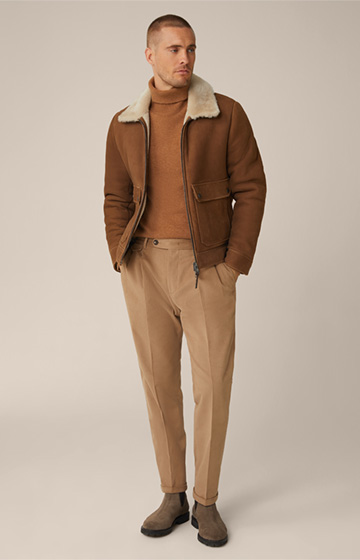Veste en cuir d’agneau velours Rapallo avec col style chemise, en marron