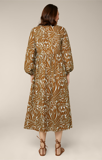Robe mi-longue en coton imprimé, olive, vert menthe et écru à motif