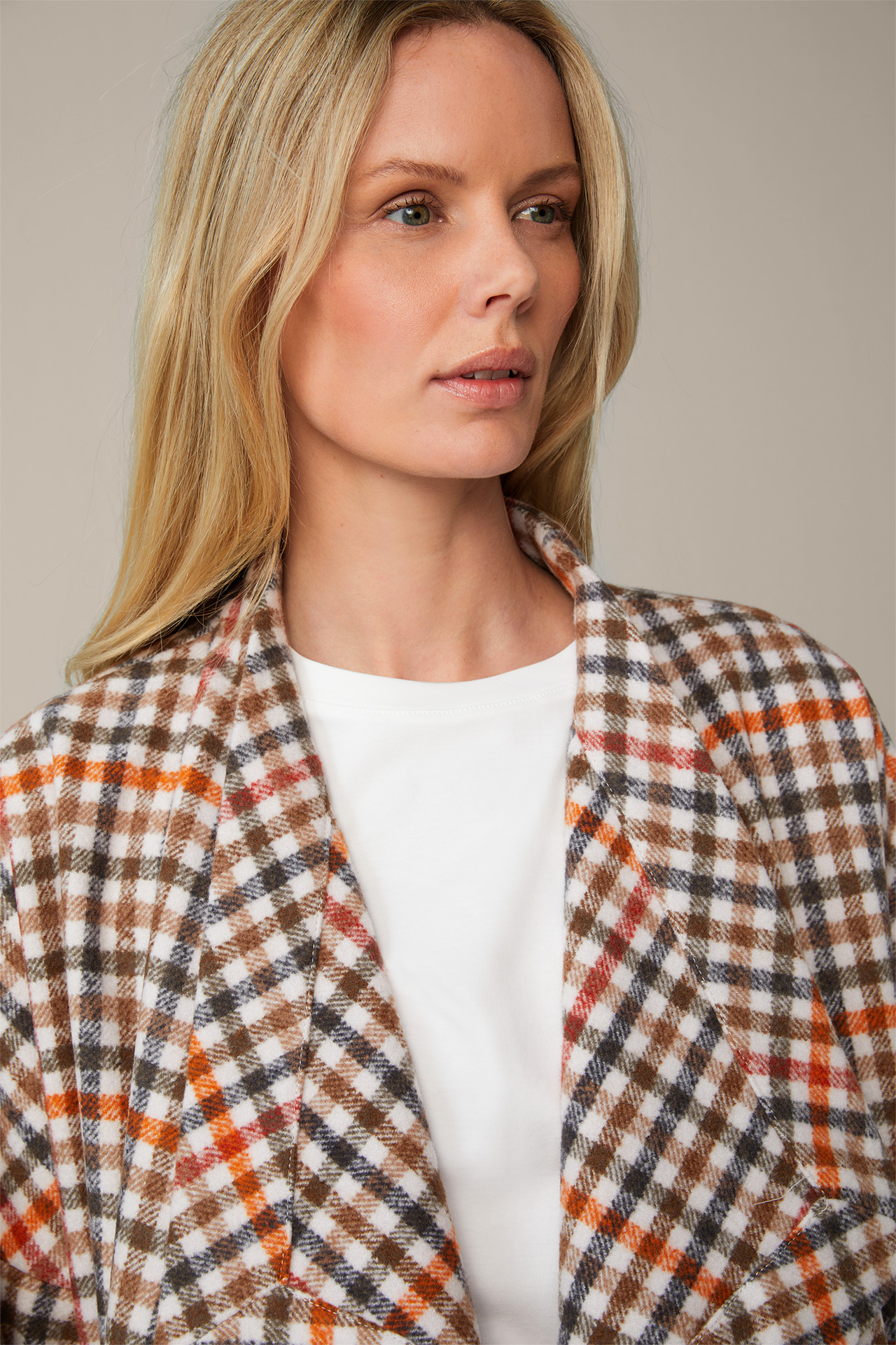 Wool Mix City Coat with Shawl Collar in an Ecru, Caramel and Anthracite Check