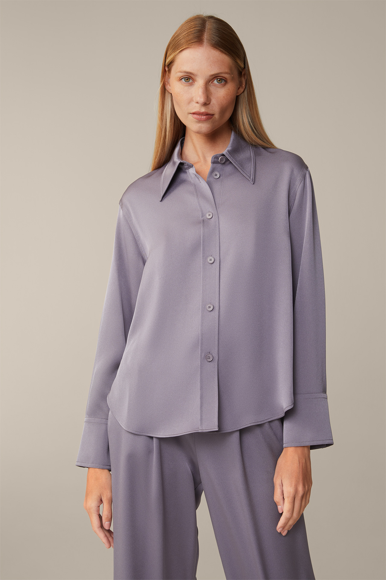 Long-sleeved Crêpe Shirt-style Blouse in Mauve