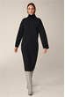 Merino Dress in Midi Length with Stand-up Collar in Black