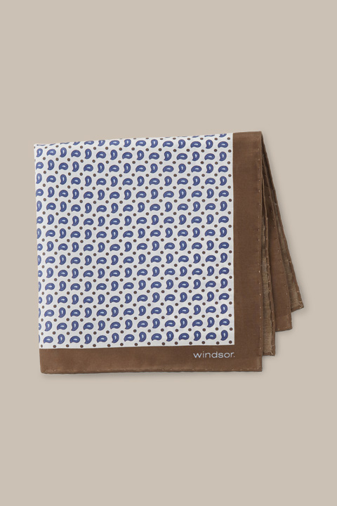 Cotton Breast Pocket Handkerchief with Silk in Brown, Ecru and Blue Pattern