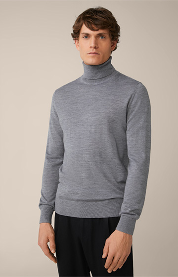 Nando Wool Roll Neck Pullover with Silk and Cashmere in Grey Marl