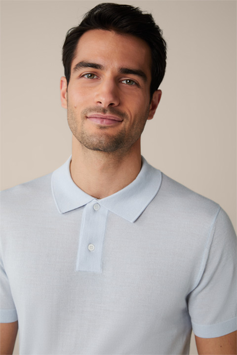 Virgin Wool Knitted Polo Shirt with Silk and Cashmere in Light Blue