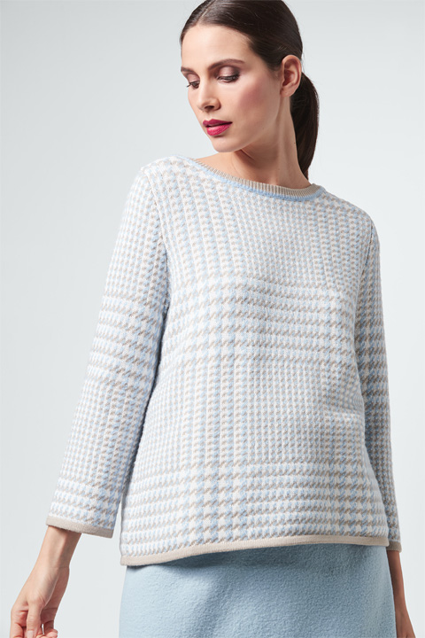 Strick-Pullover in Hellblau-Weiß gemustert