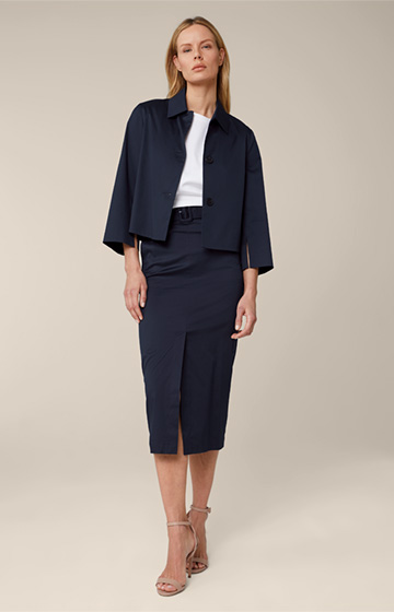 Stretch Cotton Pencil Skirt in Midi Length in Navy