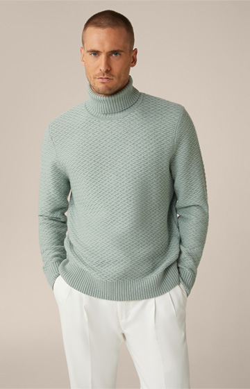 Textured Virgin Wool Roll Neck Amilo Pullover with Cashmere in Sage
