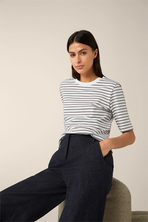 Cotton Interlock T-shirt in White and Grey Stripes