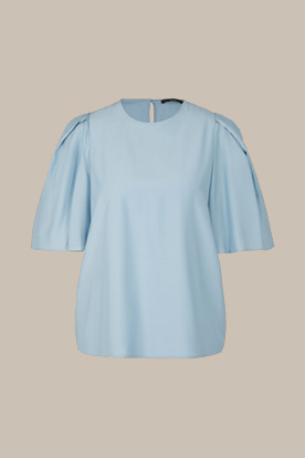 Satin-Kurzarm-Bluse aus Viskose und Seide in Blau