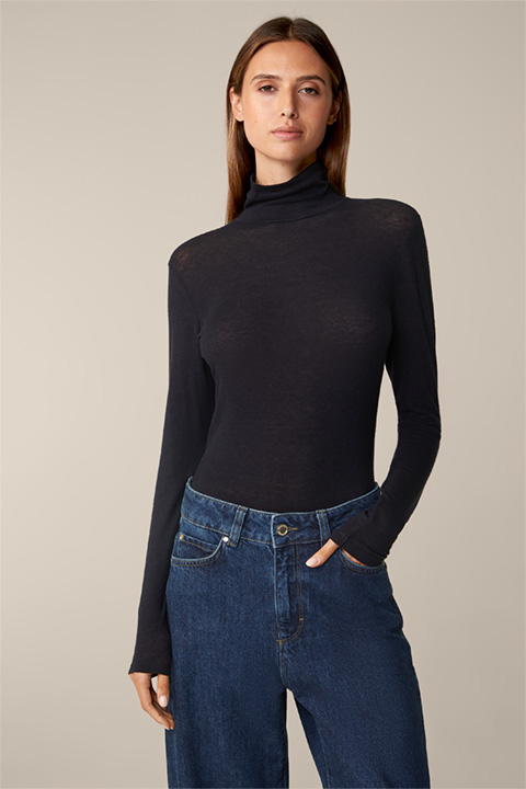Lyocell and Wool Roll Neck Pullover in Navy