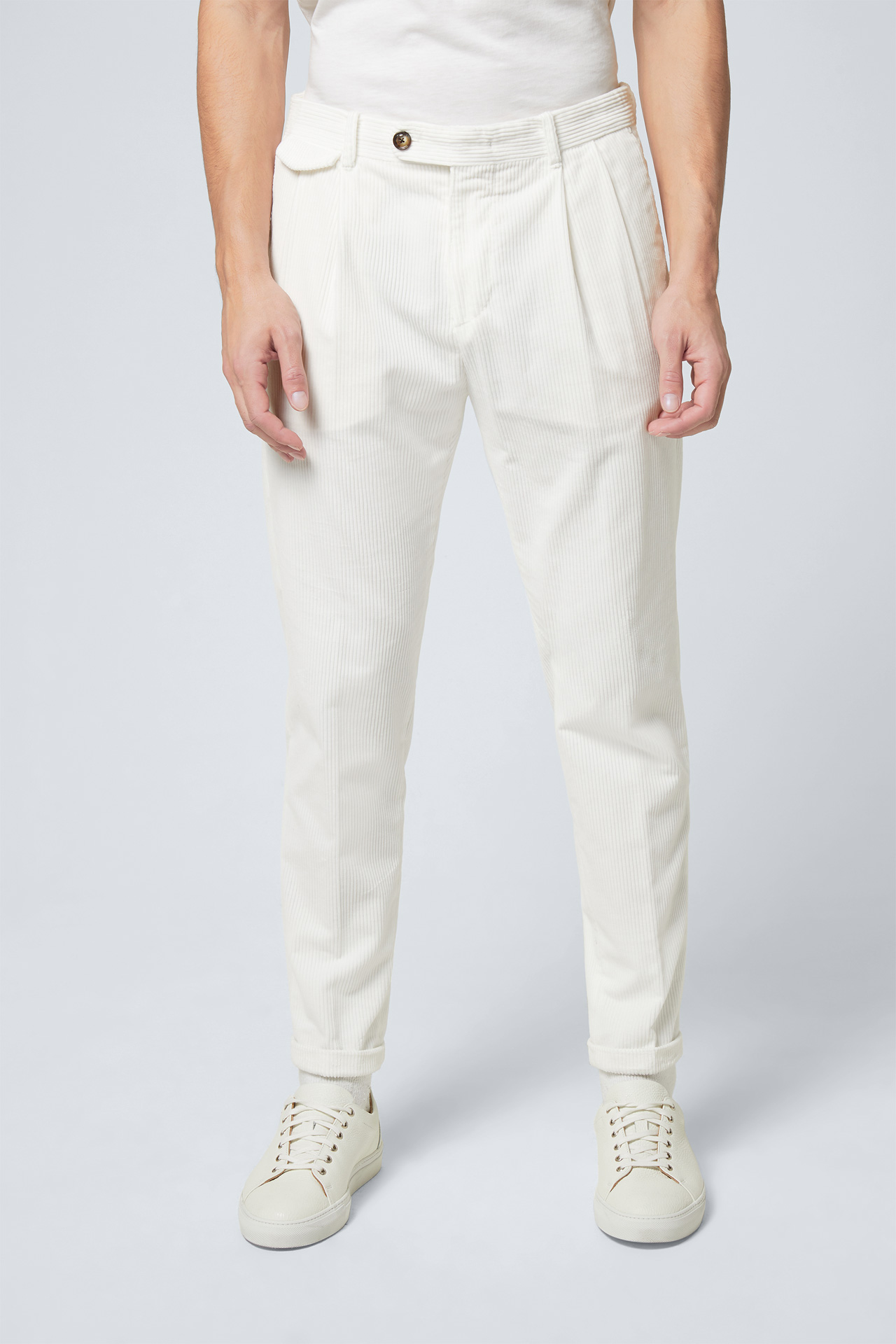 pleat front cord trousers