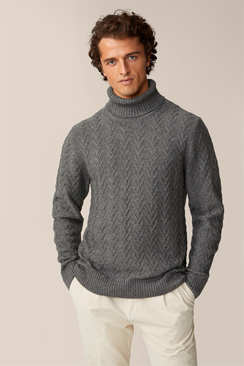 Textured Virgin Wool Knitted Roll Neck Alparo Pullover with Cashmere in Dark Grey