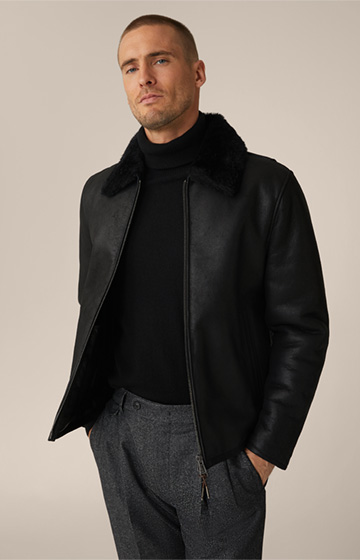 Mezzano Lambskin and Leather Jacket with Shirt Collar in Black