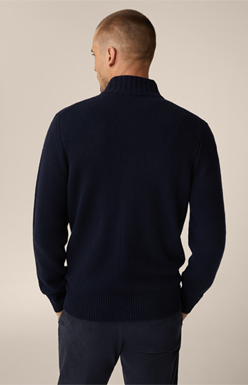 Ecosio Cashmere Zipped Knitted Jacket with Stand-up Collar in Navy