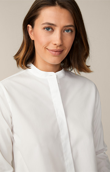 Poplin Cotton Blouse with Stand-up Collar in White