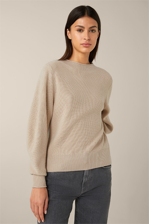Merino Knitted Pullover with Stand-up Collar in Beige
